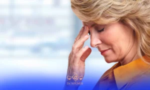 خانمی یائسه تقریبا 50 ساله با لیاس نارنجی و موهای بلوند