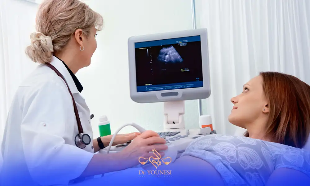 پزشک خانم در حال انجام سونوگرافی بارداری برای یک خانم